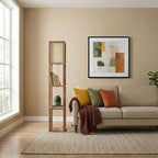 Pinnacle - Shelf Floor Lamp For Bedroom / Living Room, Long Shade - Natural Wood / White