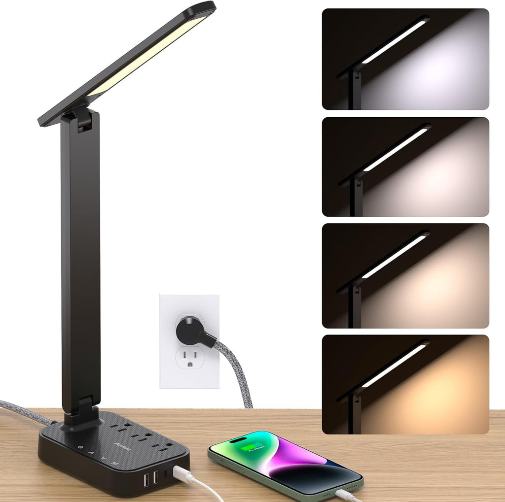 Addtam LED Touch Desk Lamp, Power Strip with 3 Outlets 4 USB Charging Ports(2 USBC)