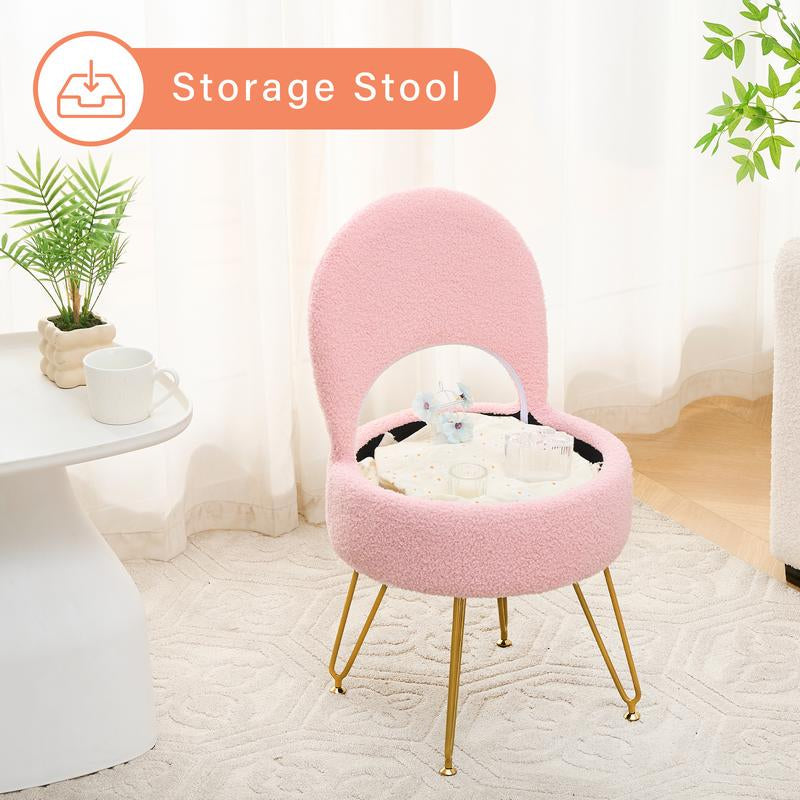 Teddy Velvet, Storage Vanity Stool Chair with Folding Back, Make-Up, Office, Bedroom