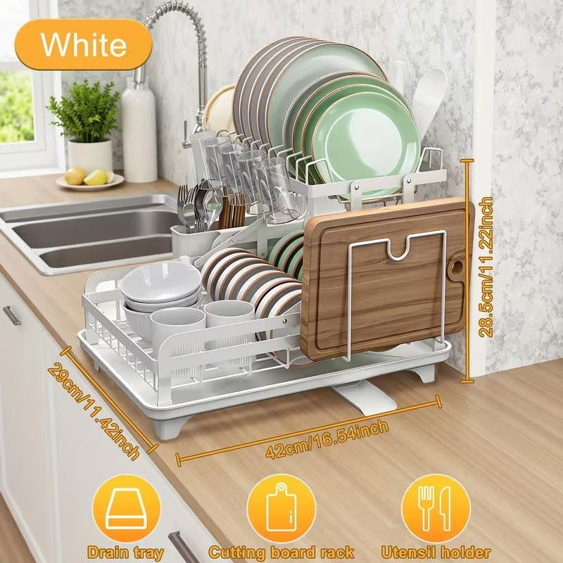 Deristic 2-Tier Stainless Steel Dish Drying Rack with Built-In Drainboard & Utensil Holders