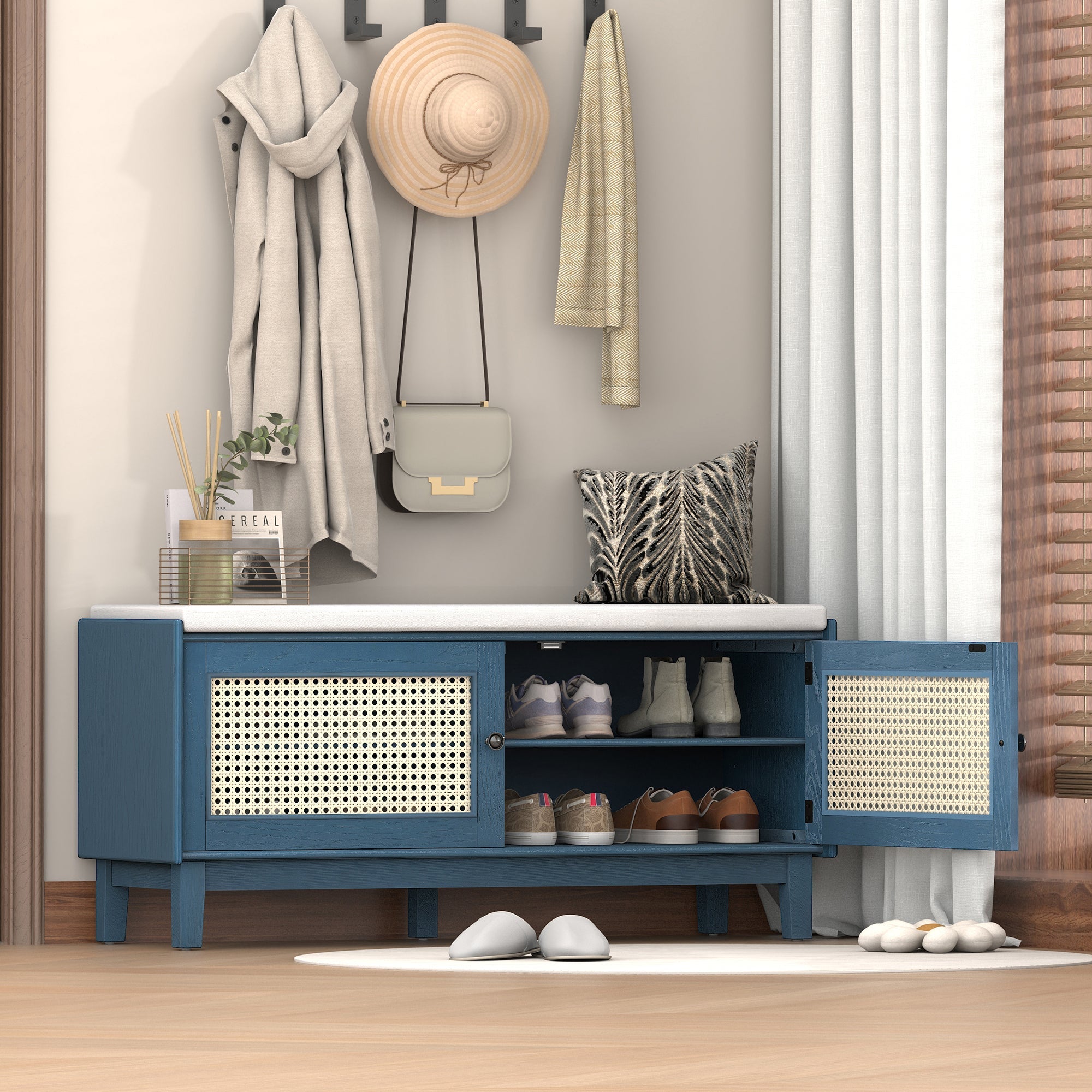 Boho Rattan Entryway Bench with Storage, Cushioned Shoe Bench with Double