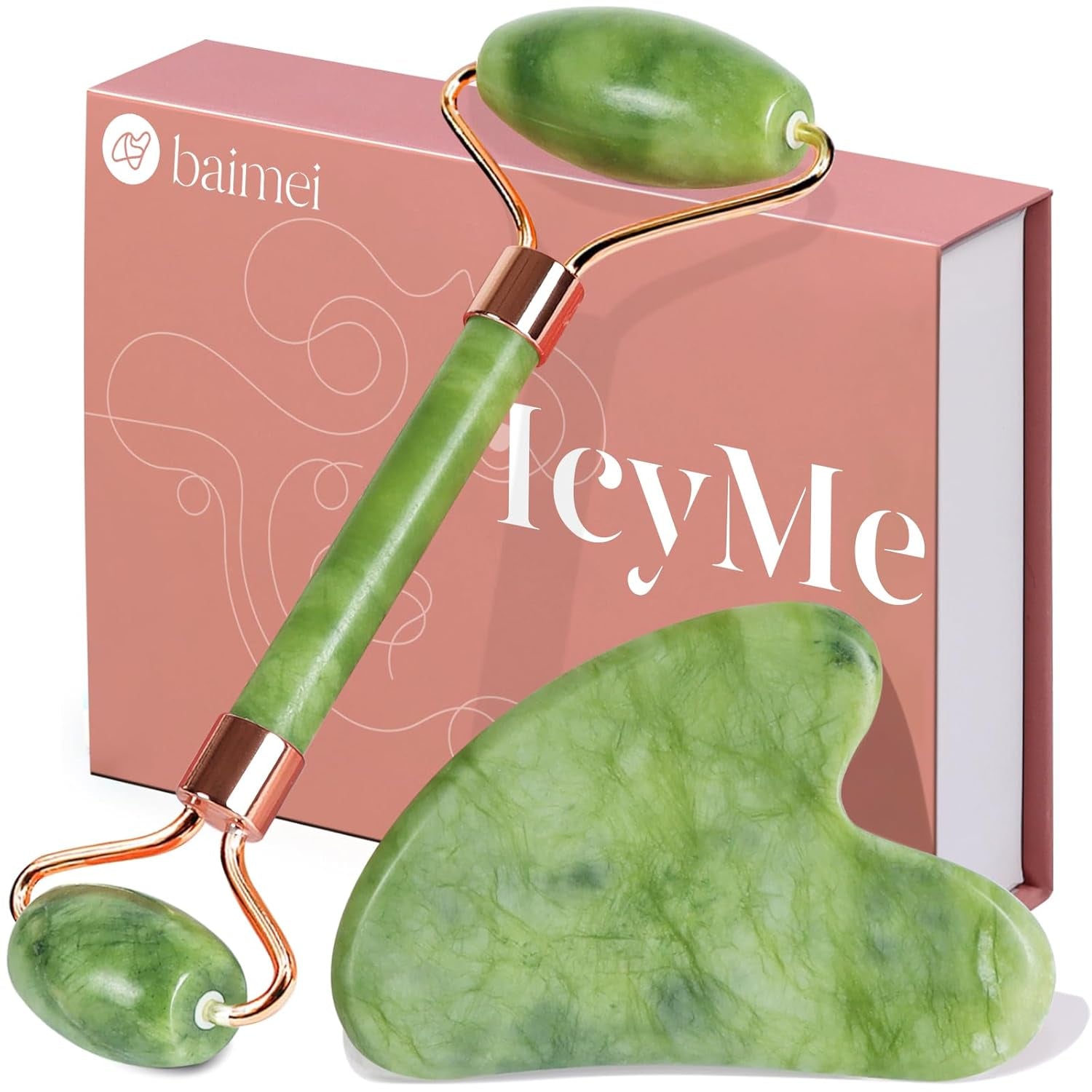 BAIMEI Icyme Gua Sha & Jade Roller Facial Tool Set for Puffiness and Redness Reducing