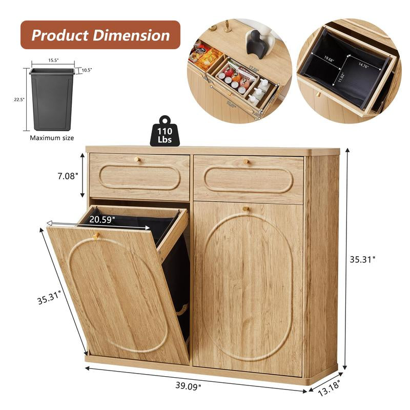 Giratree Tilt Out, Wood Kitchen Garbage Bin with Drawer, Fluted 10 Gallon Laundry Hamper