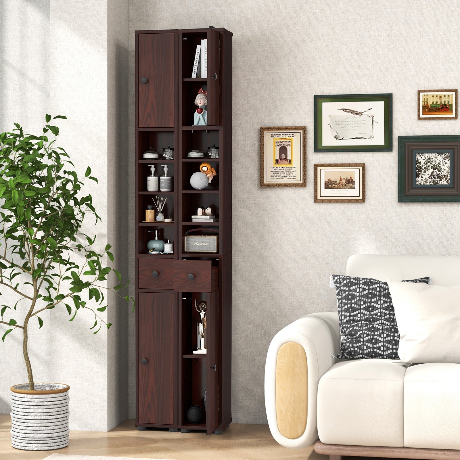Freestanding Tall Slim Bathroom Cabinet with Drawer and Adjustable Shelves 71 Inches
