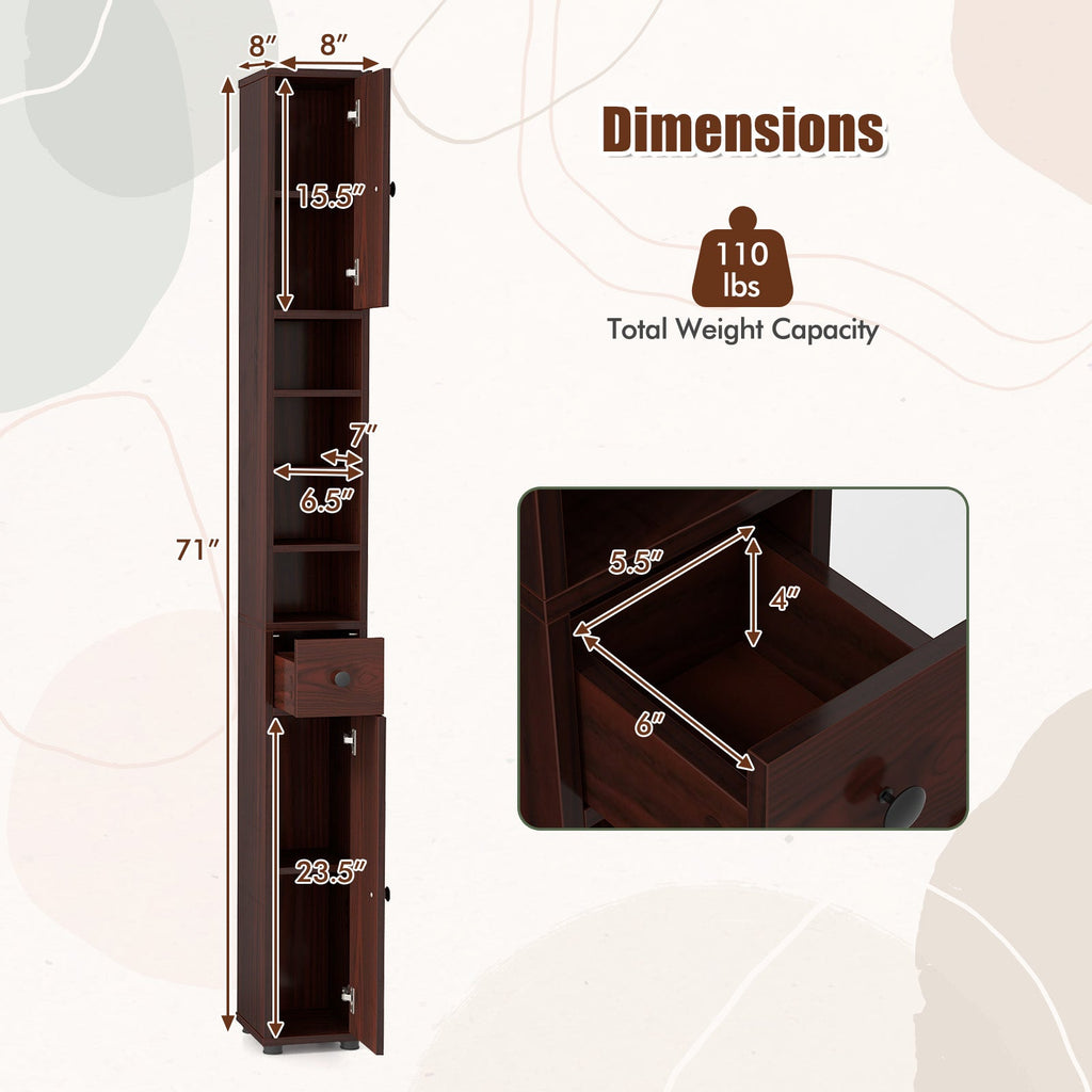 Freestanding Tall Slim Bathroom Cabinet with Drawer and Adjustable Shelves 71 Inches