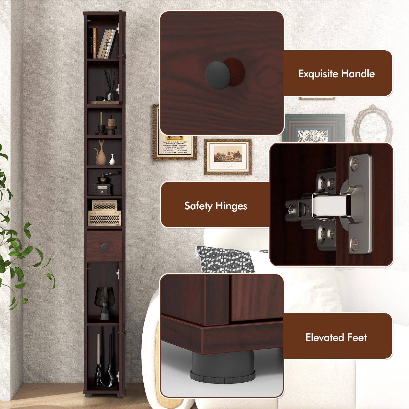 Freestanding Tall Slim Bathroom Cabinet with Drawer and Adjustable Shelves 71 Inches