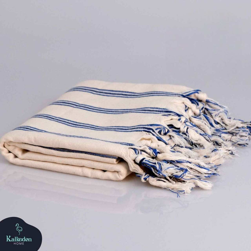 Dark Blue Striped Handwoven Turkish Towel, Wrap, Throw