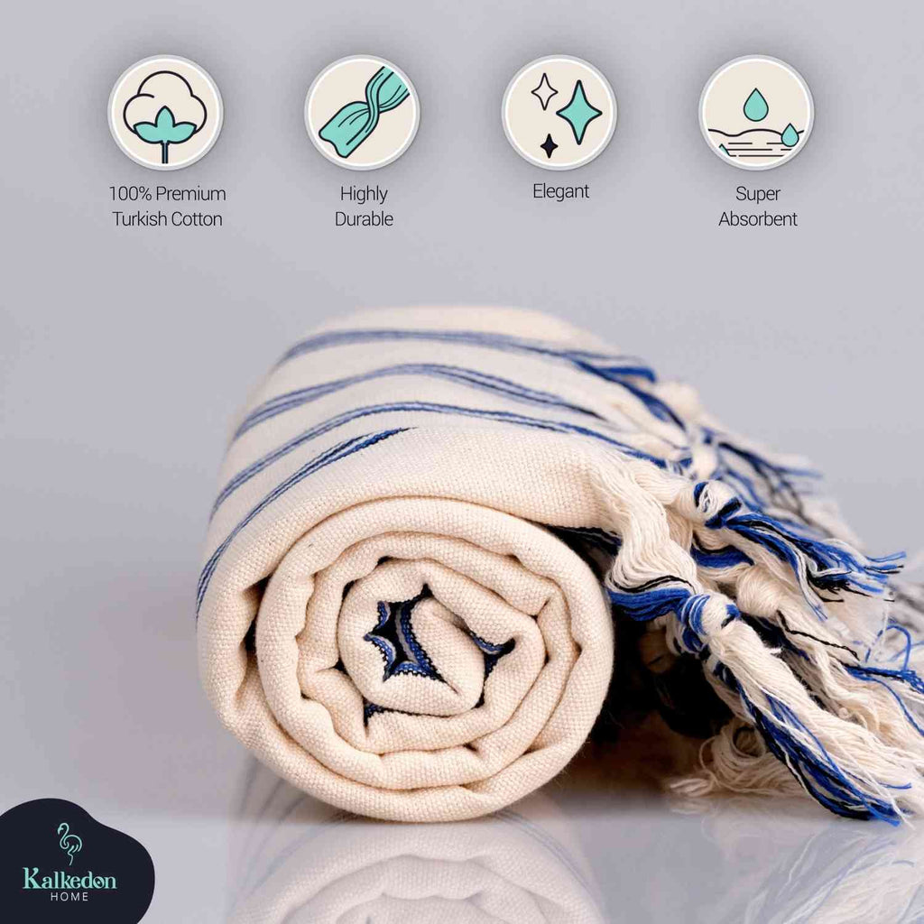 Dark Blue Striped Handwoven Turkish Towel, Wrap, Throw