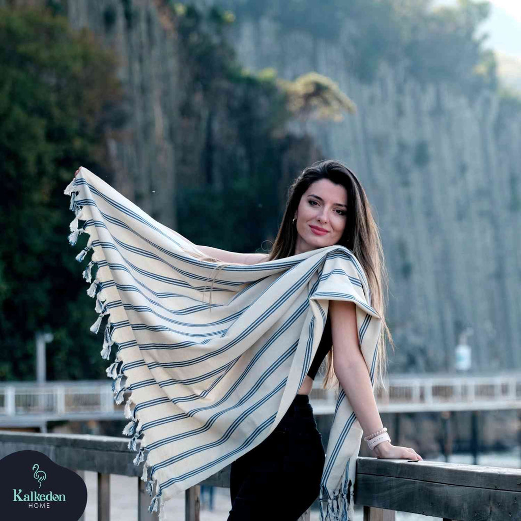 Dark Blue Striped Handwoven Turkish Towel, Wrap, Throw