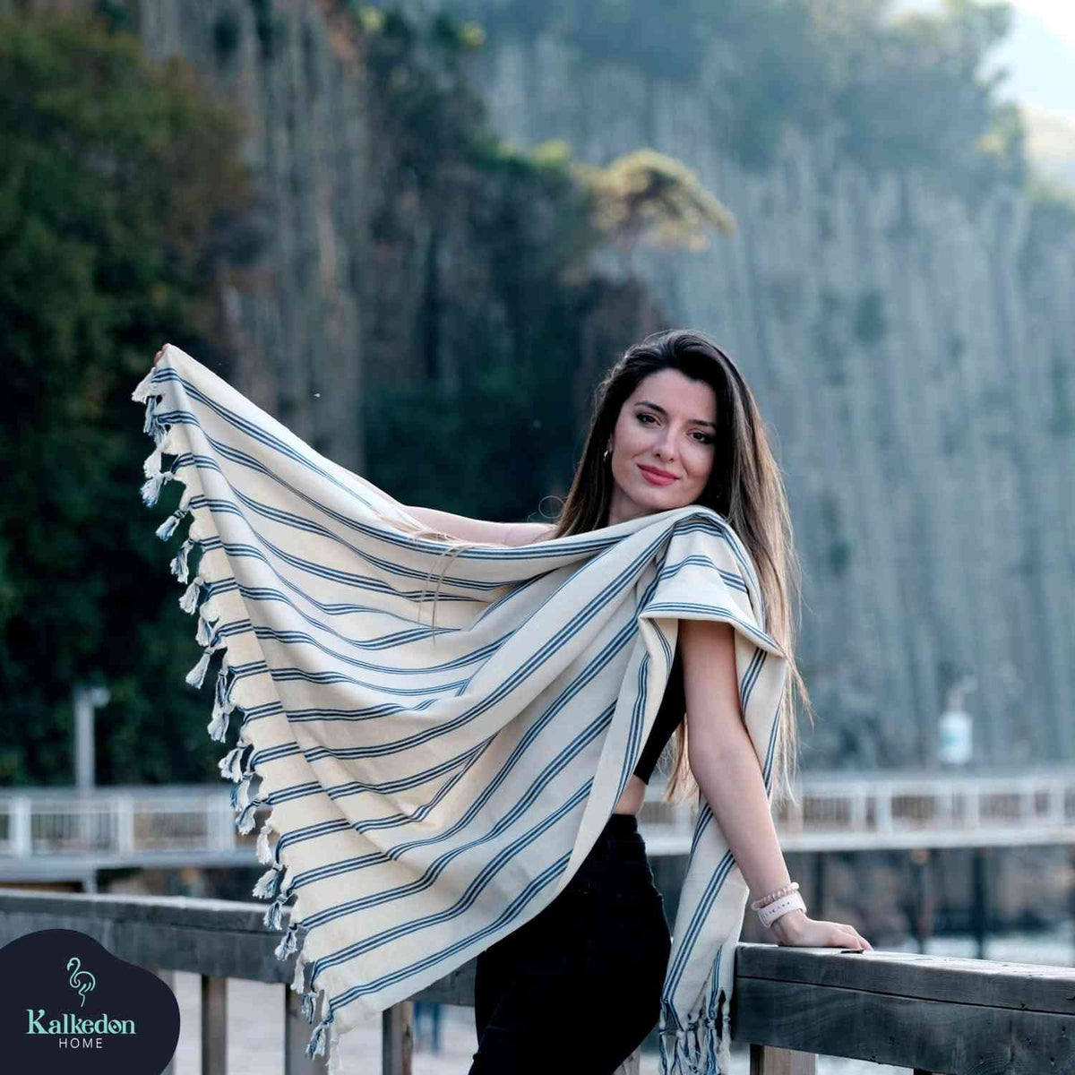 Dark Blue Striped Handwoven Turkish Towel, Wrap, Throw