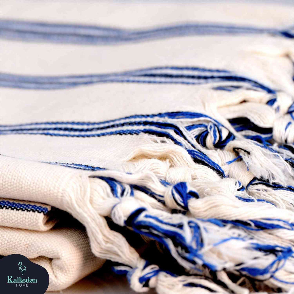 Dark Blue Striped Handwoven Turkish Towel, Wrap, Throw