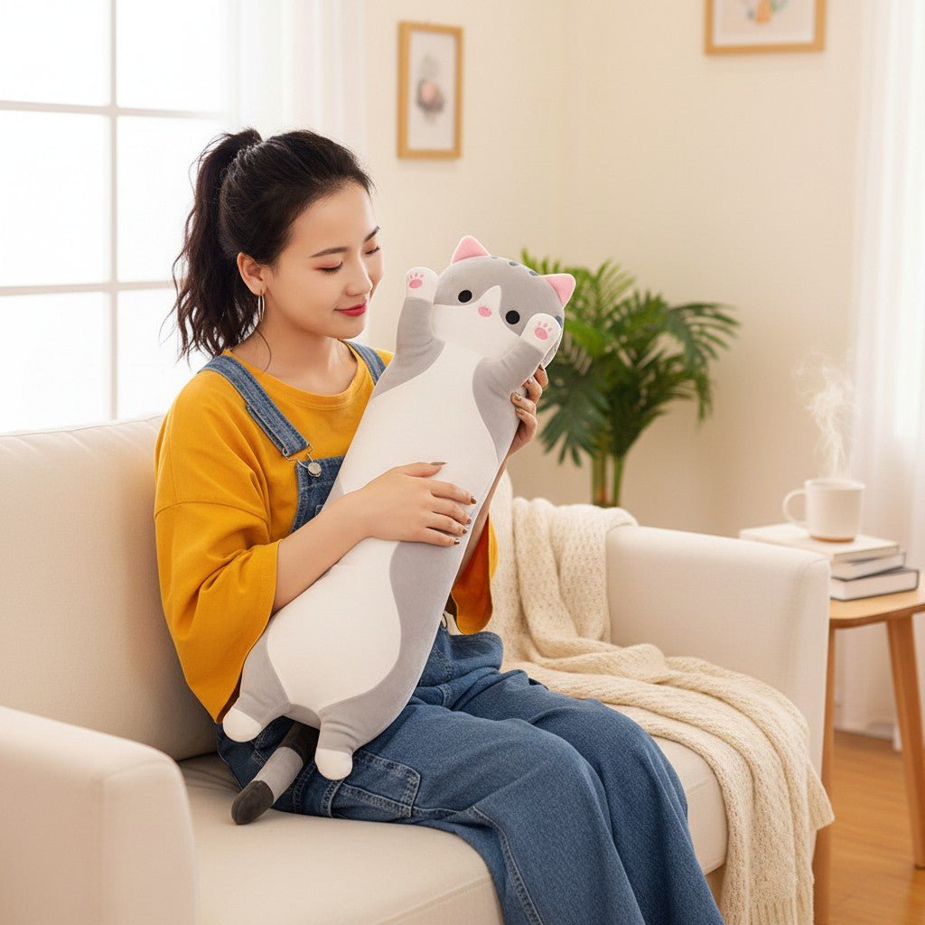 Soft Cuddly Plush Cat Pillow – 26" Long