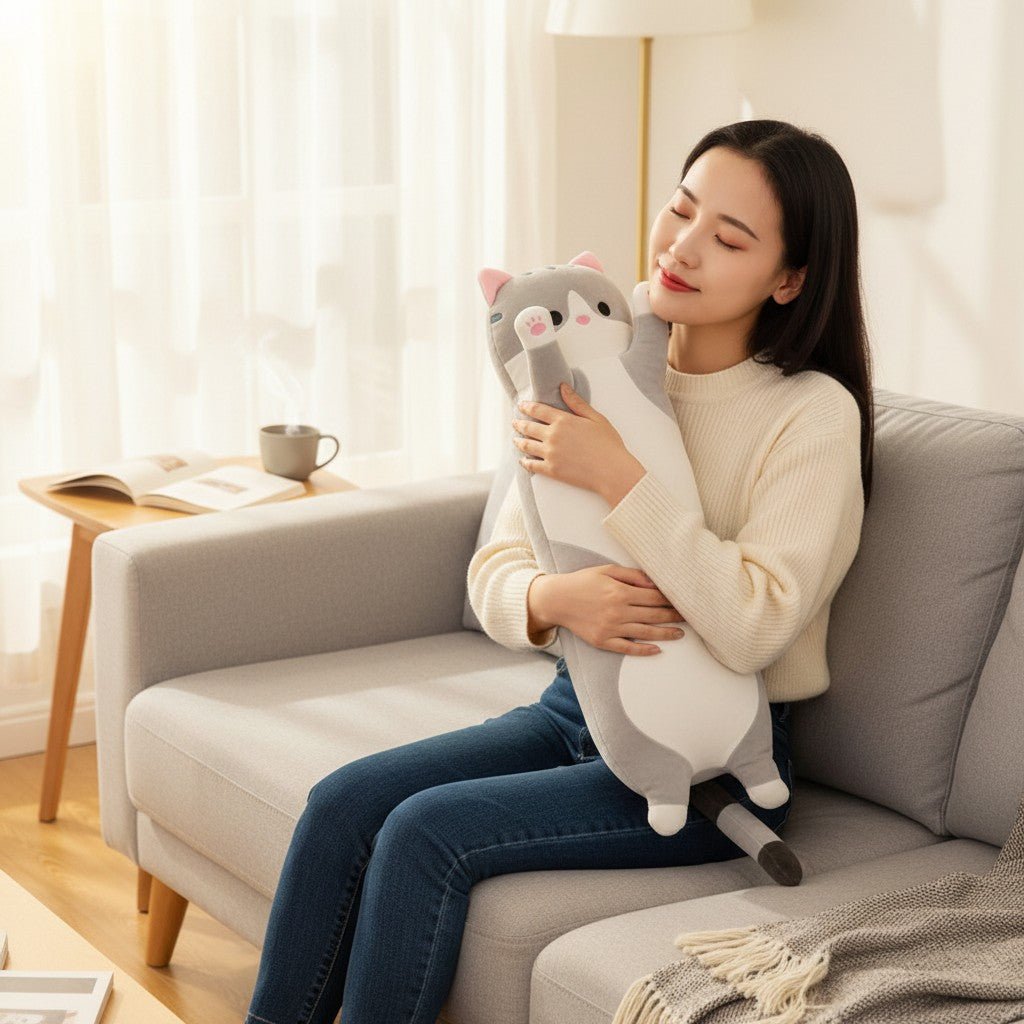 Soft Cuddly Plush Cat Pillow – 26" Long