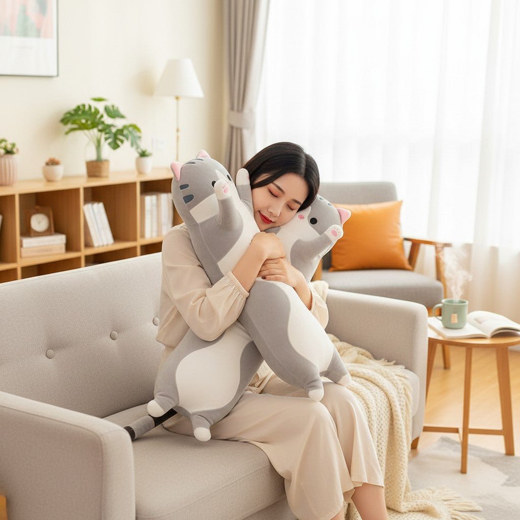 Soft Cuddly Plush Cat Pillow – 26" Long