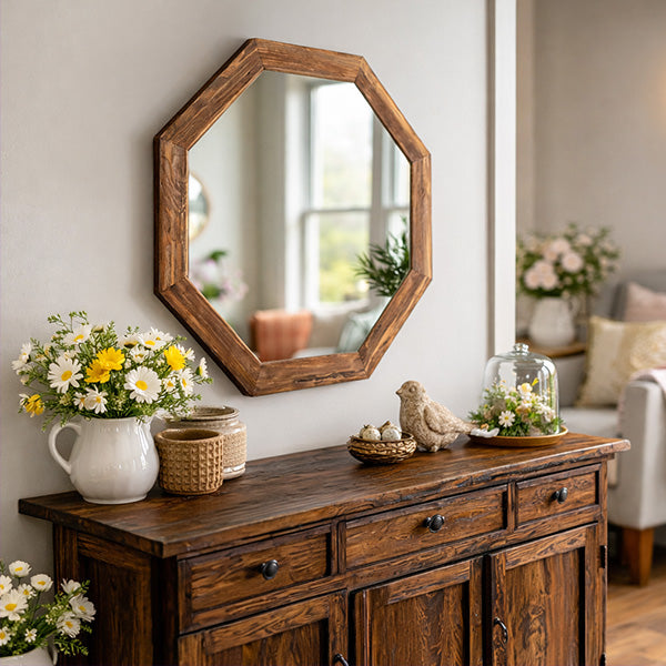 Octagon Wood Frame Mirror for Entry, Bathroom, Bedroom, Living