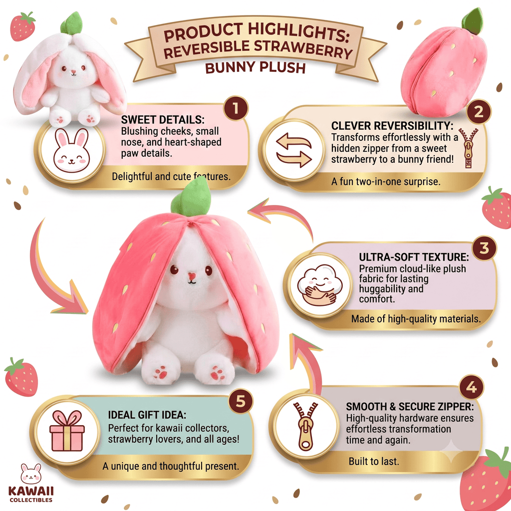 Reversible Strawberry Bunny Plush Toy for Kids Hide and Seek Transforming Toy