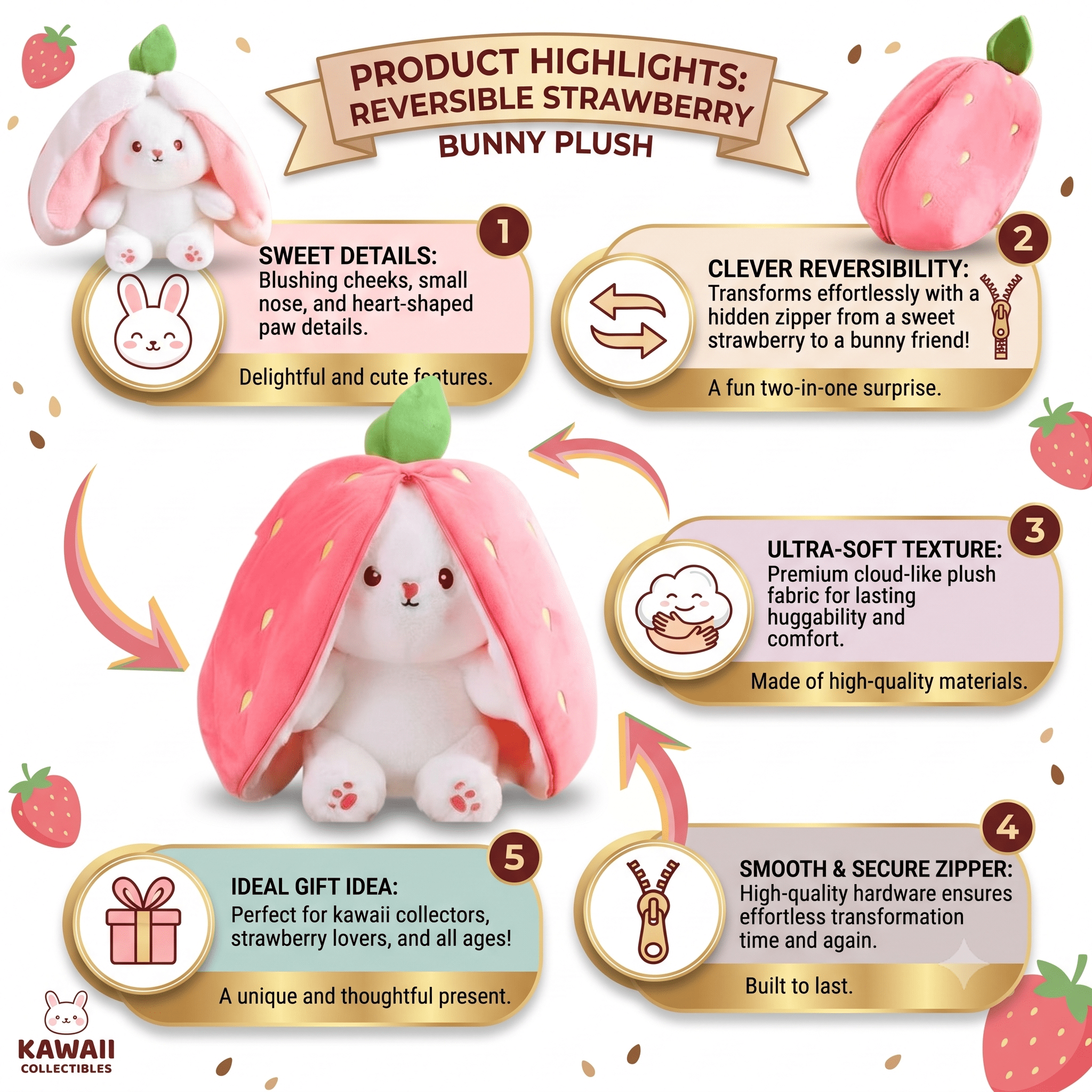 Reversible Strawberry Bunny Plush Toy for Kids Hide and Seek Transforming Toy