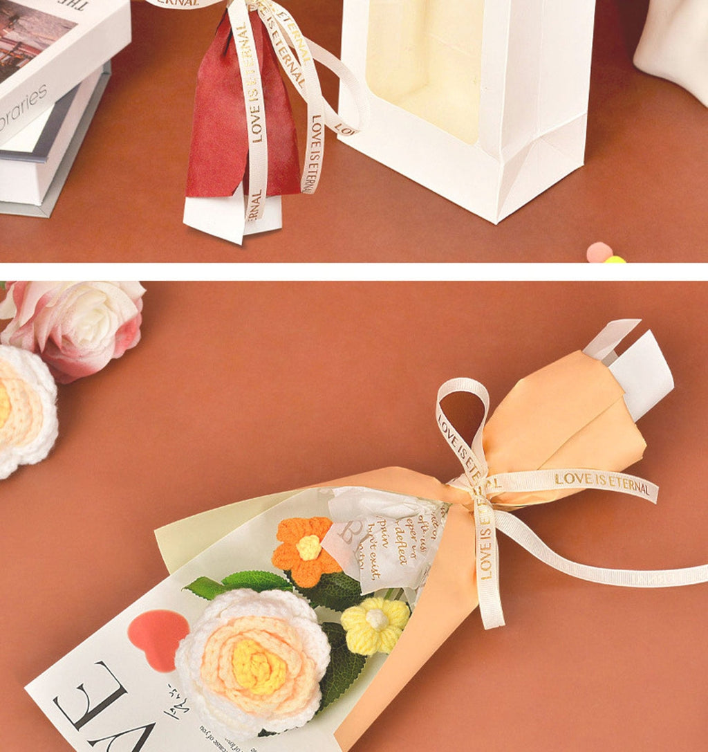 Rose Crochet Bouquet w/ Luxury Gift Bag and Fairy Lights, 3 colors