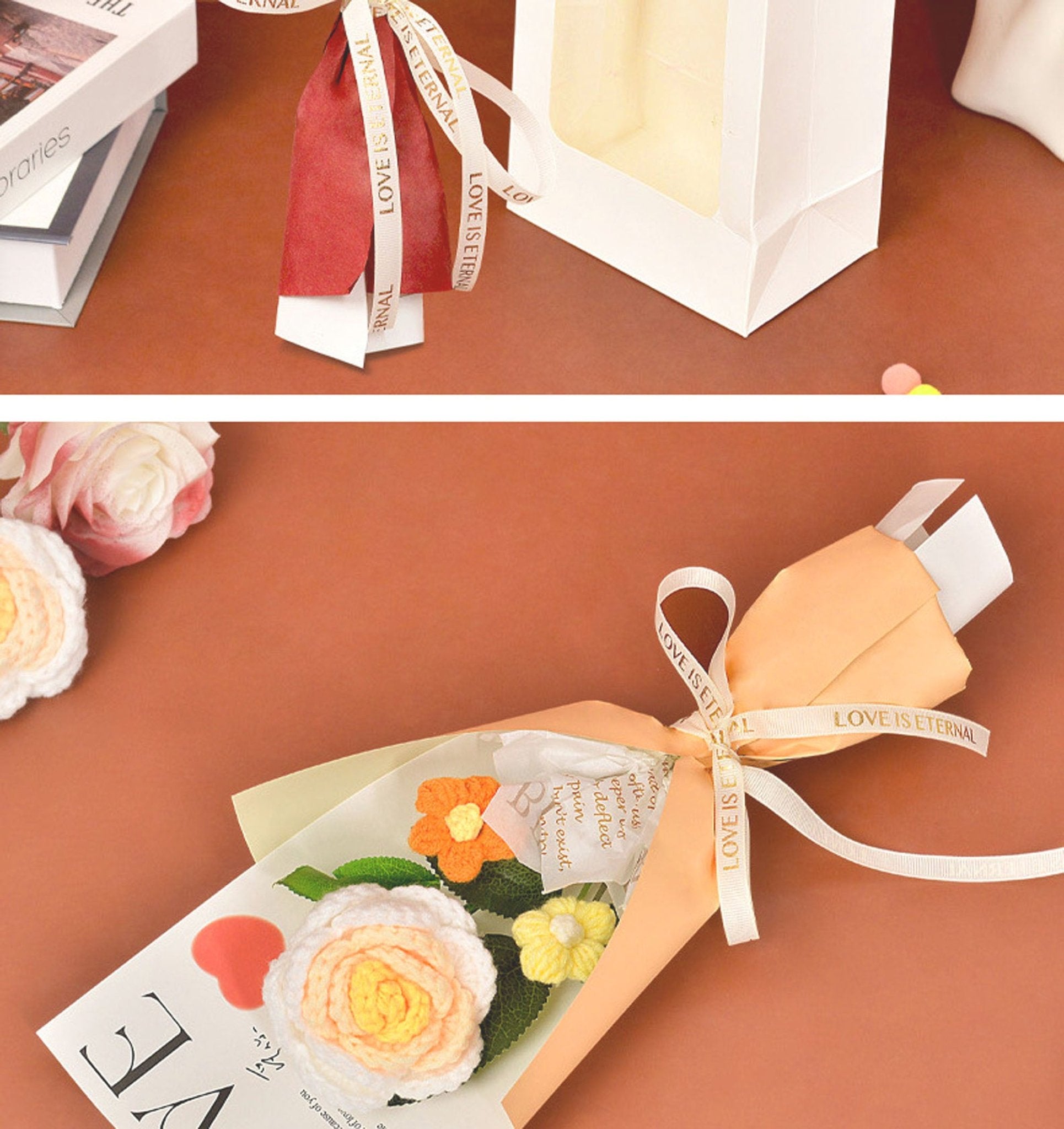 Rose Crochet Bouquet w/ Luxury Gift Bag and Fairy Lights, 3 colors