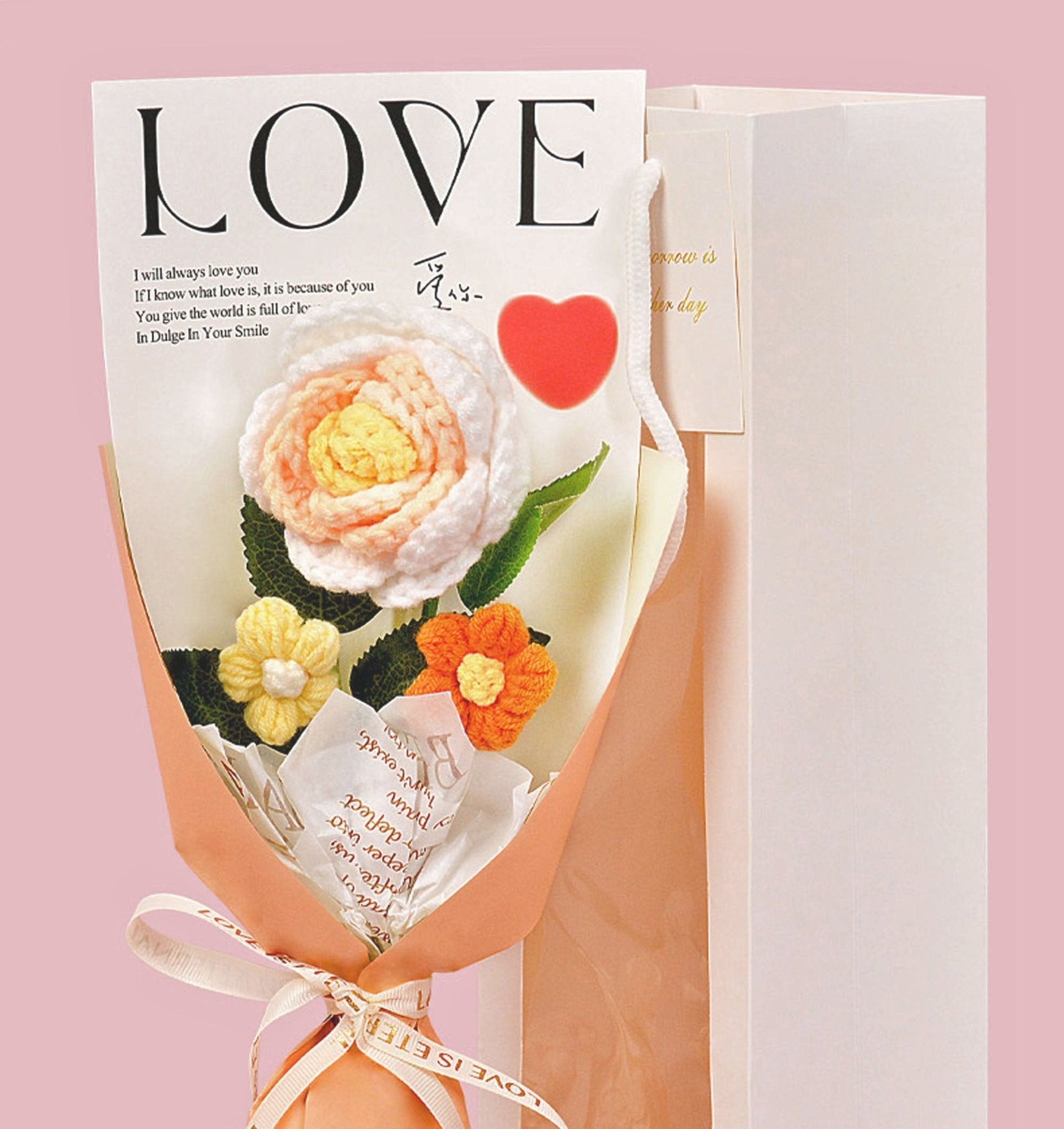 Rose Crochet Bouquet w/ Luxury Gift Bag and Fairy Lights, 3 colors