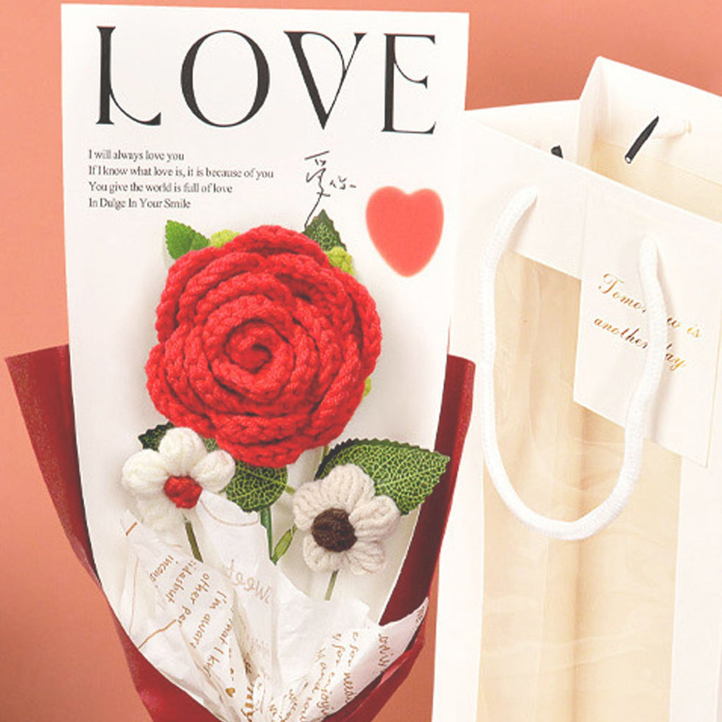 Rose Crochet Bouquet w/ Luxury Gift Bag and Fairy Lights, 3 colors