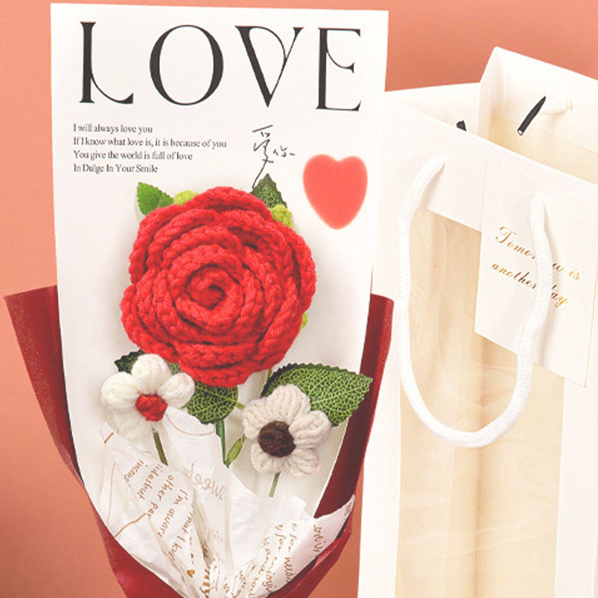 Rose Crochet Bouquet w/ Luxury Gift Bag and Fairy Lights, 3 colors