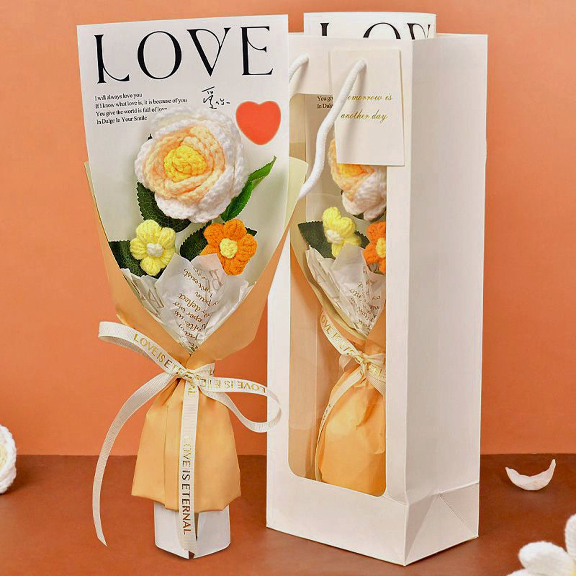 Rose Crochet Bouquet w/ Luxury Gift Bag and Fairy Lights, 3 colors