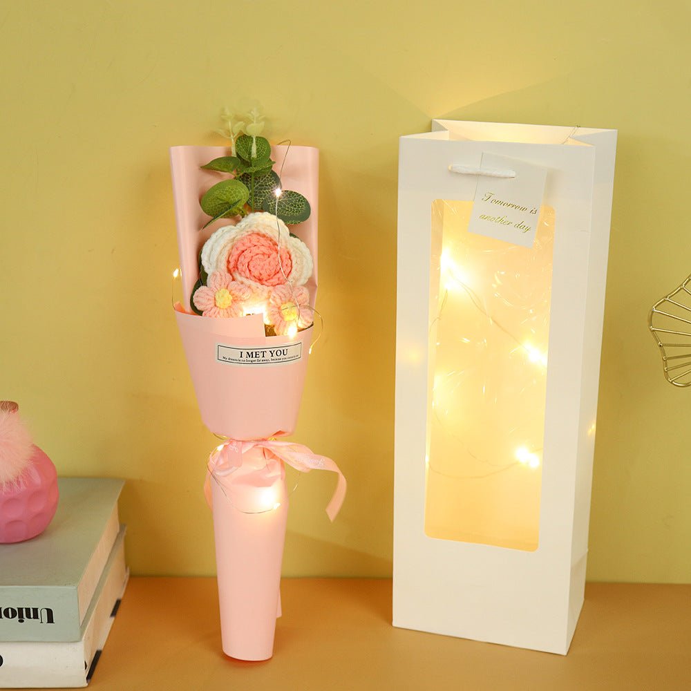 Rose Crochet Bouquet w/ Luxury Gift Bag and Fairy Lights, 3 colors
