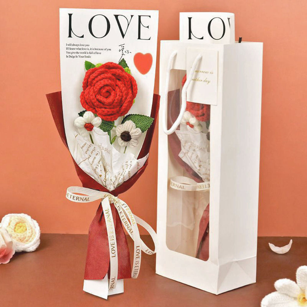 Rose Crochet Bouquet w/ Luxury Gift Bag and Fairy Lights, 3 colors