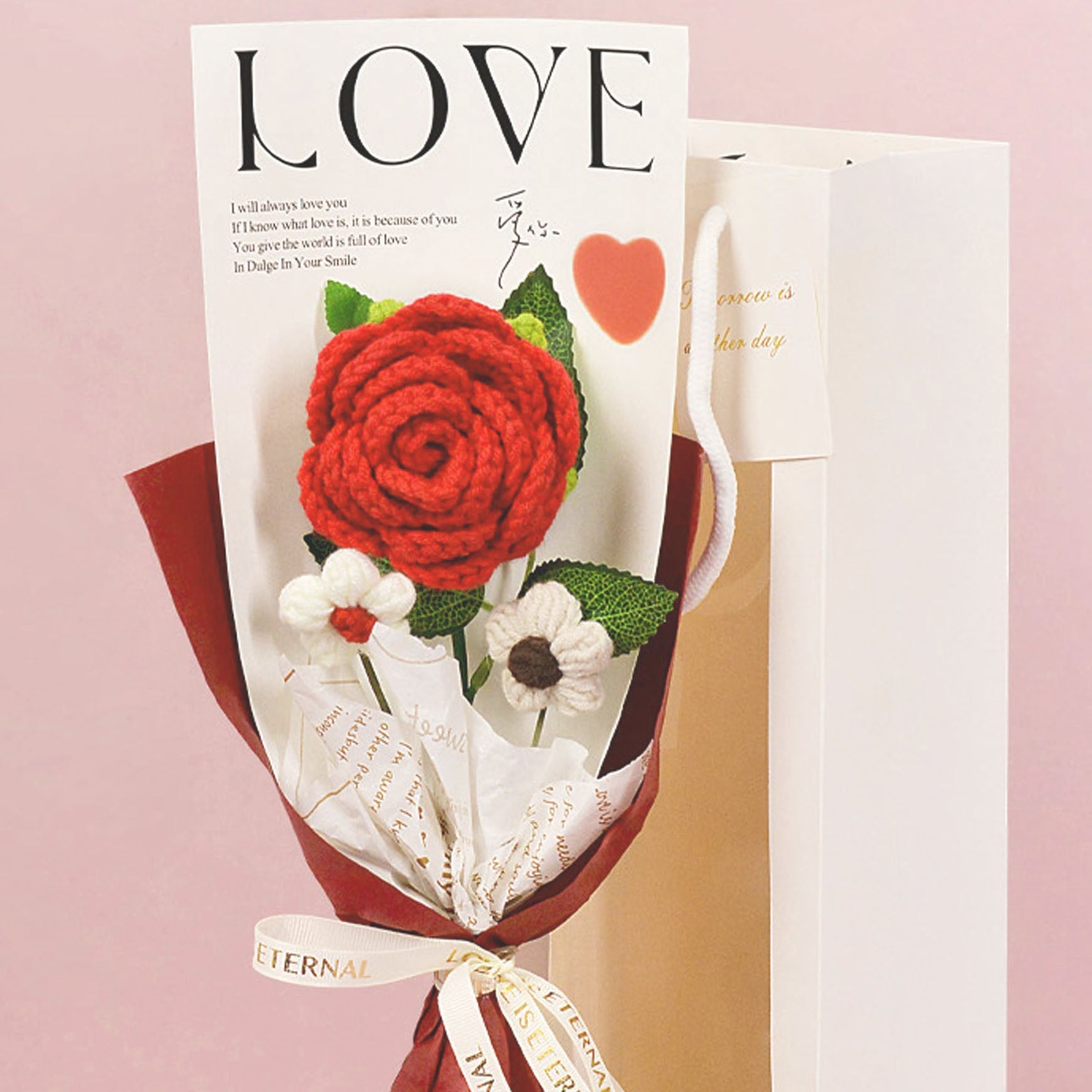 Rose Crochet Bouquet w/ Luxury Gift Bag and Fairy Lights, 3 colors