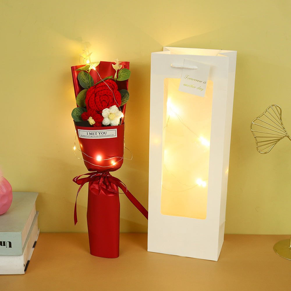 Rose Crochet Bouquet w/ Luxury Gift Bag and Fairy Lights, 3 colors