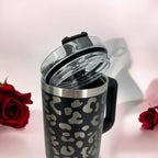 Engraved Leopard Print 40 oz Tumbler with Handle and Straw Lid