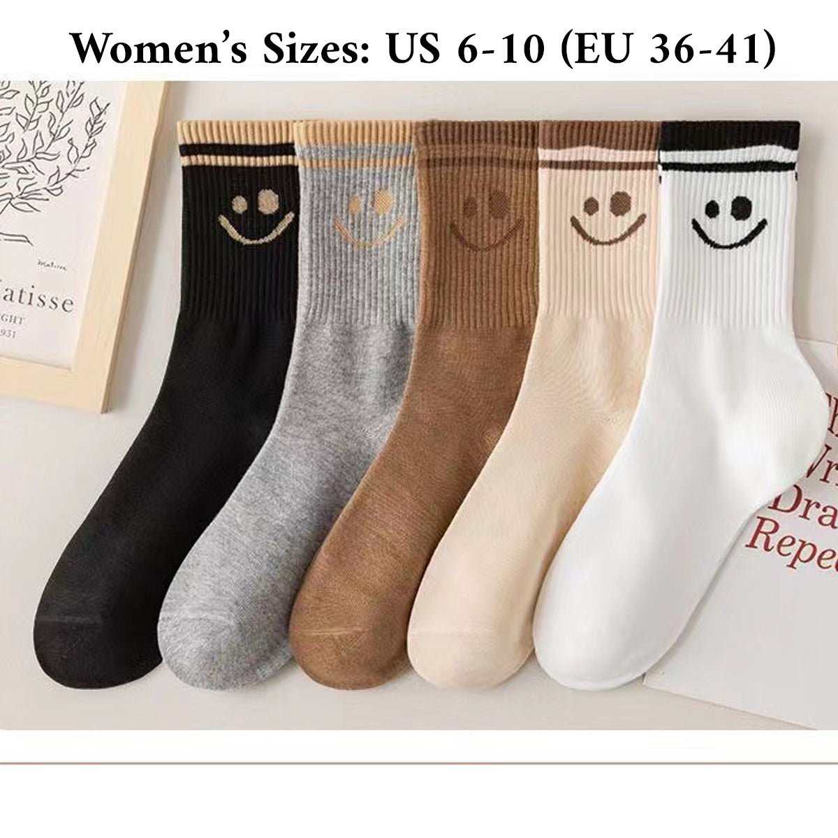 5 Pairs Smiley Face Crew Socks Gift Set–  for Women